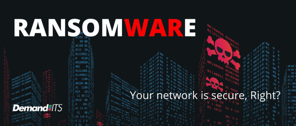 Picture of a abstract digital city scape representing a network with the words 'RANSOMWARE' where WAR is highlighted in RED